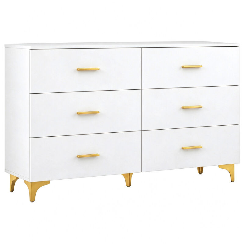 47" White 6 Drawer Dresser with Gold Handles & Legs image number 0