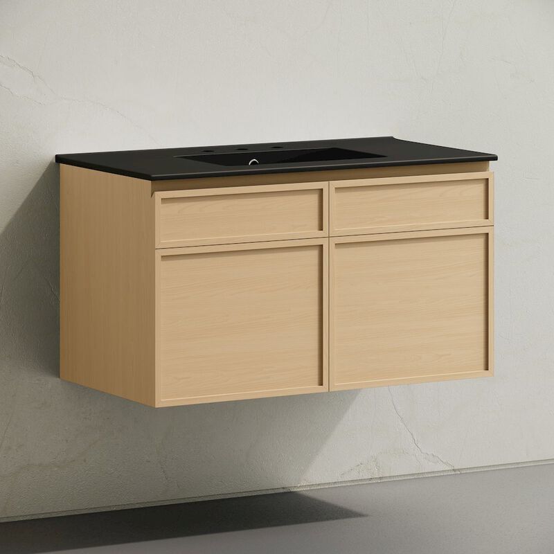 36" Wall-Mounted Bathroom Vanity, Natural Oak, Black 3-Hole Widespread Sink Top image number 1