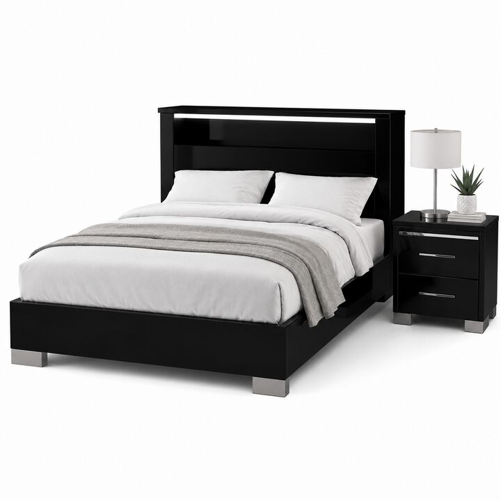 Queen Bedroom Set, Black, Chrome Wood, 2 Piece Set with Nightstand