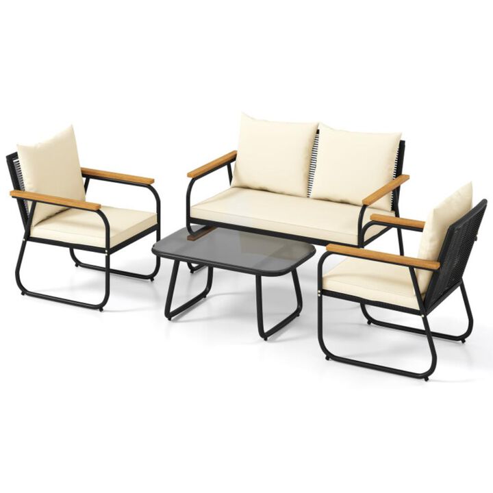 Hivvago 4 Pieces Patio Furniture Set with Tempered Glass Coffee Table