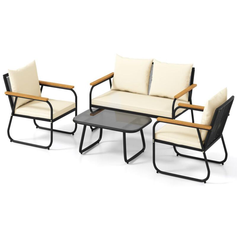 Hivvago 4 Pieces Patio Furniture Set with Tempered Glass Coffee Table
