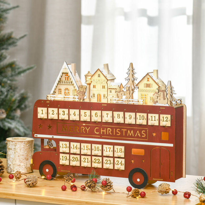 Christmas Advent Calendar, Light Up Wooden Bus Decoration w/ Village & Drawers