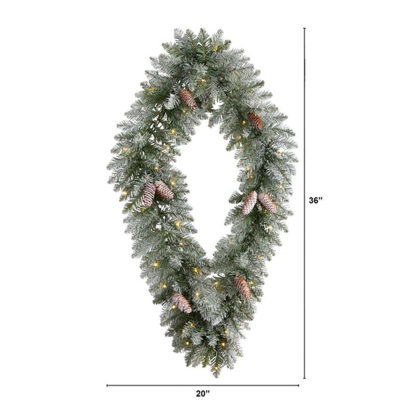 Nearly Natural 3-ft Holiday Christmas Geometric Diamond Frosted Wreath with Pinecones and 50 Warm White LED Lights