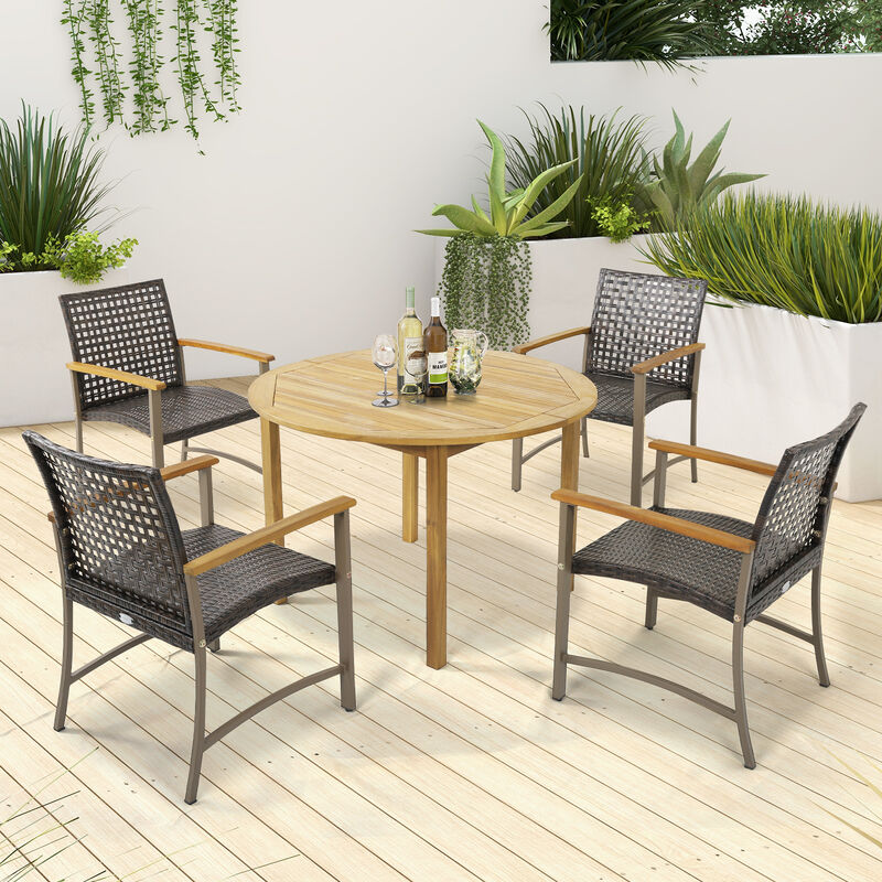 Set of 4 Patio Rattan Dining Chairs with Acacia Wood Armrests-Set of 4