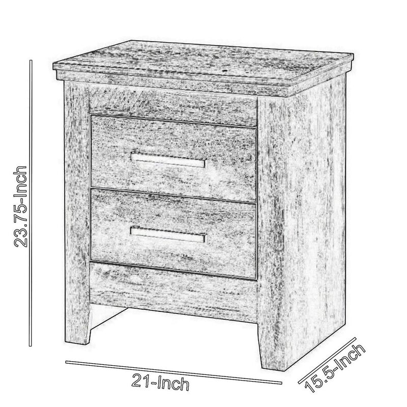 2 Drawer Wooden Nightstand with Metal Bar Pulls, Rustic Gray-Benzara