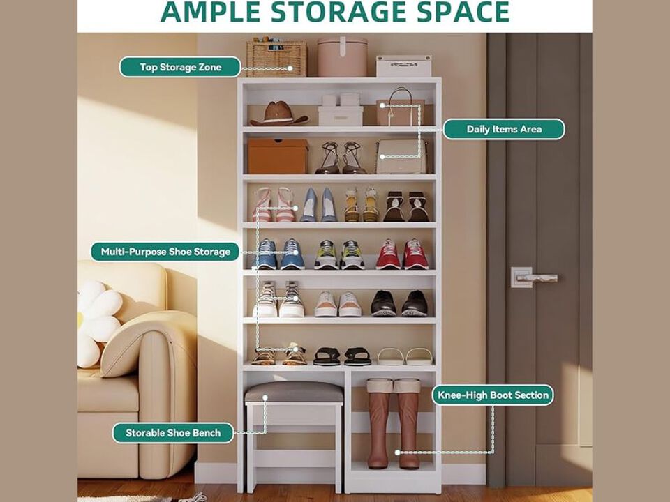 Entryway Shoe Storage Bench White Cabinet Hidden 8 Tiers Standing