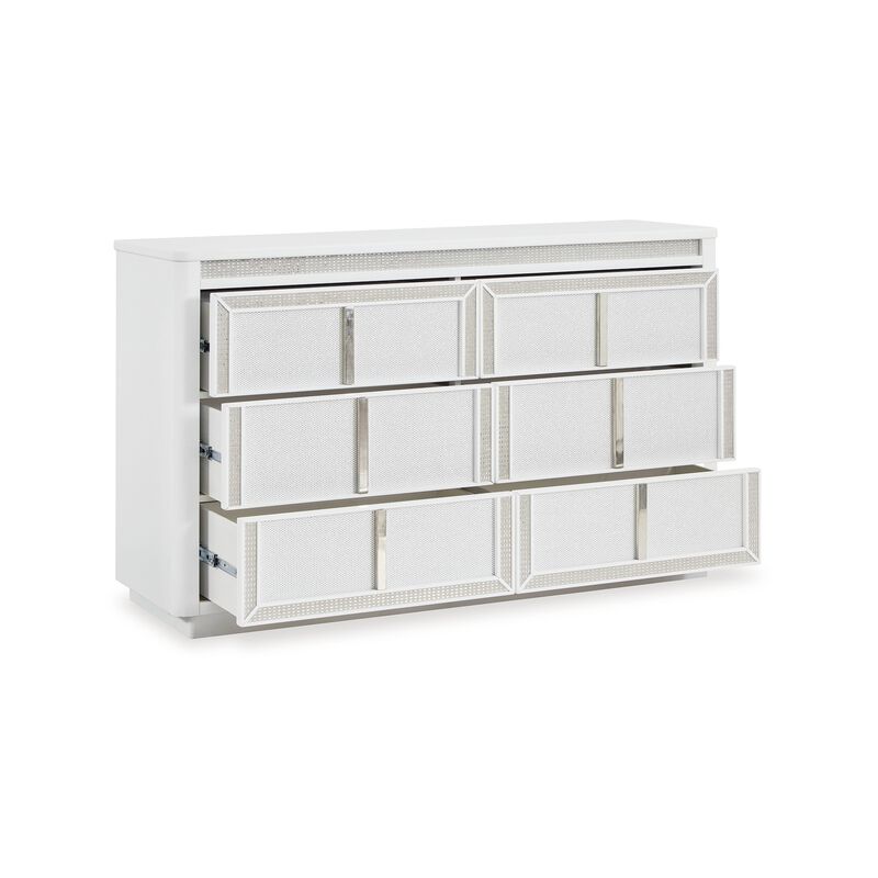 Canaal Wide Dresser, 6 Drawer, White Solid Wood, 64 Inch, LED Light - Benzara
