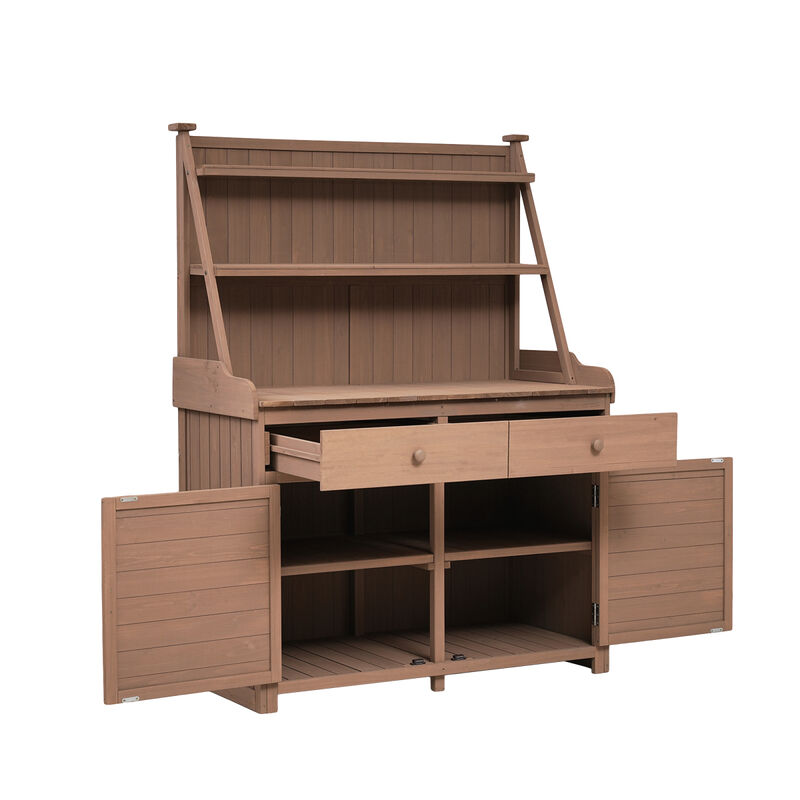 65inch Garden Potting Bench Table, Fir Wood Workstation with Storage Shelf, Drawer and Cabinet, Brown