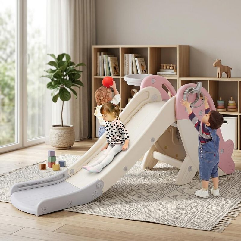Indoor Outdoor Baby Slide Playset with Climber and Basketball Hoop image number 1