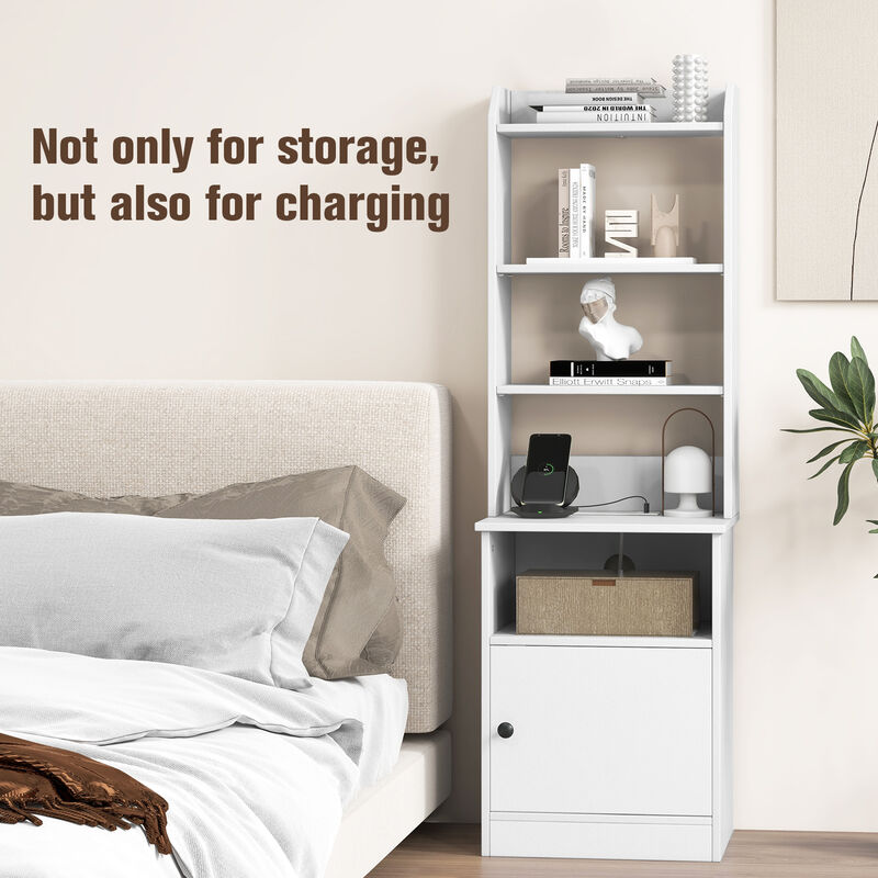 Vertical 6-Tier Nightstand with Power Station – Book Storage Shelf and Cabinet for Small Spaces