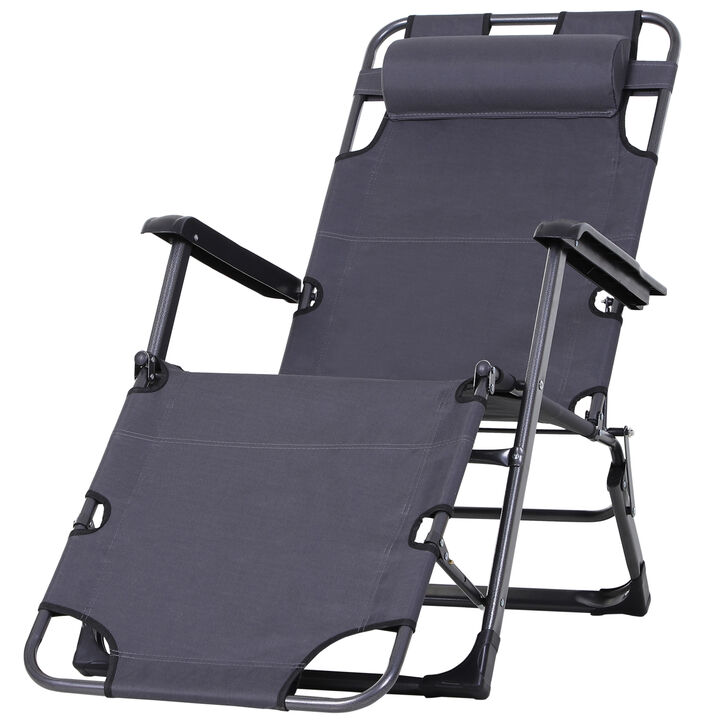 Outdoor Folding Patio Chaise Lounger Armchair Recliner w/ Padded Headrest, Grey