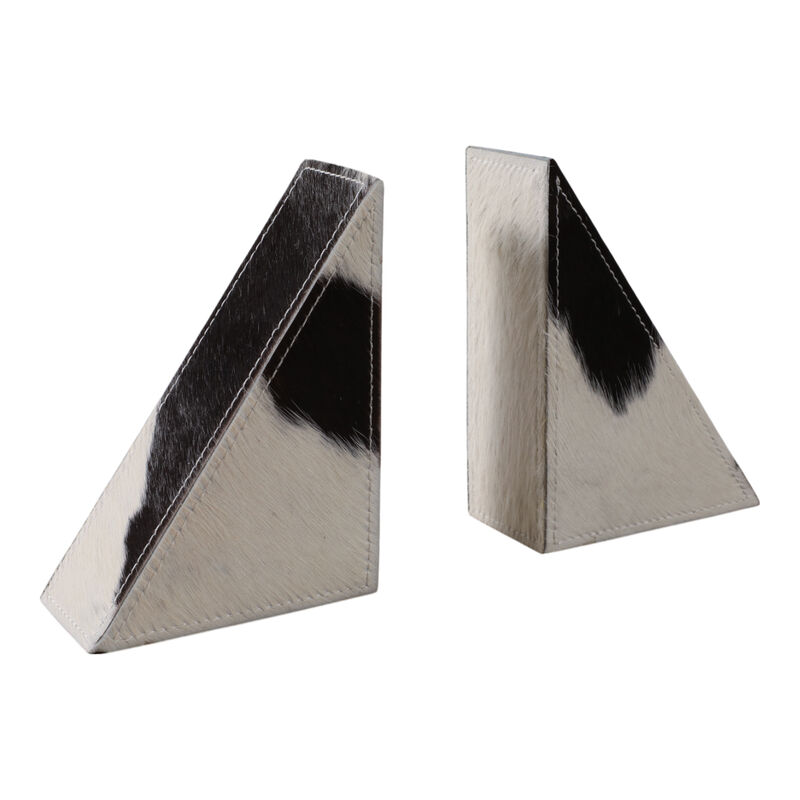 S/2 7" Hair On Hide Cow Print Bookends, White/ Bla image number 2