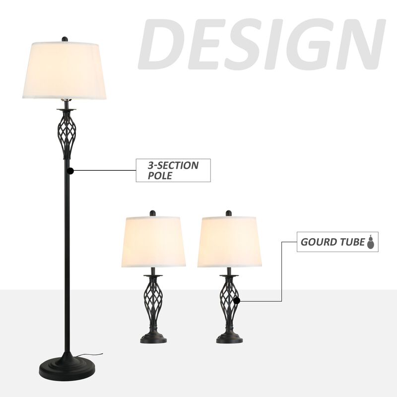 3 Pieces Table Floor Lamp Set with Metal Pole  Round Base and Fabric Lampshade  for Living Room  Dining Room  Bedroom  Black and White
