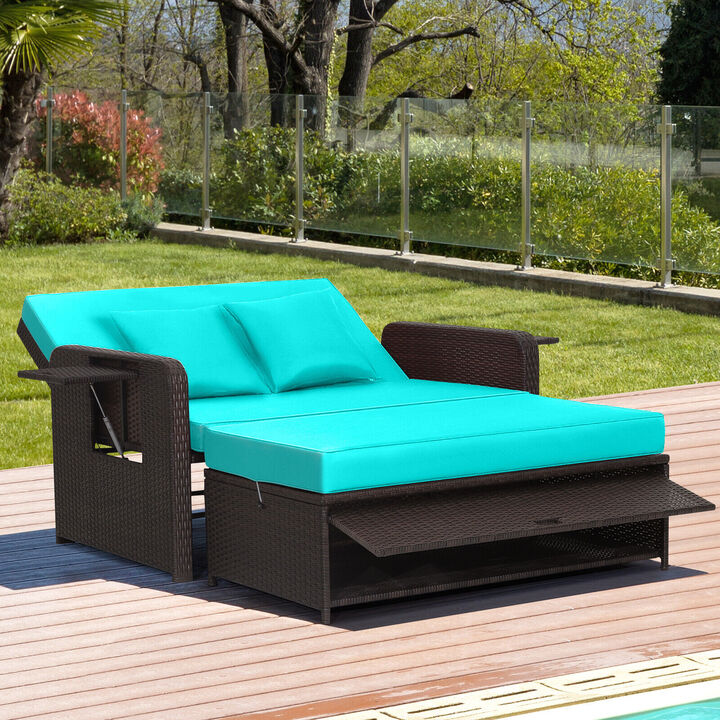 Patio Rattan Daybed with 4-Level Adjustable Backrest and Retractable Side Tray