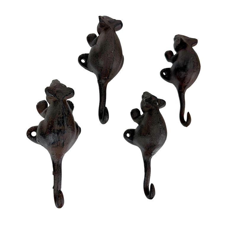Set Of 4 Mouse Wall Hooks Distressed Brown Cast Iron 6 In Decorative image number 0