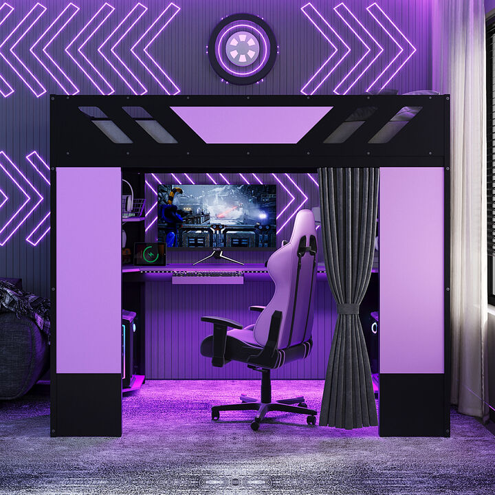 Merax Full Size All-in-One Wood Loft Bed with Workstation & RGB Lights