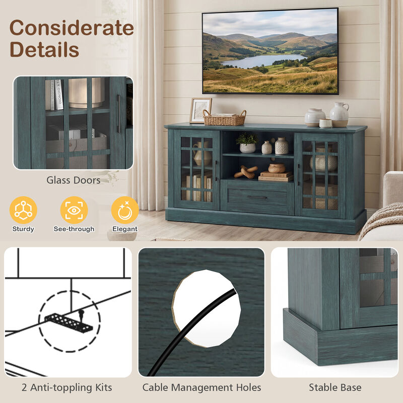 TV Console Stand with Glass Doors, Cubbies, and Storage Drawer image number 6