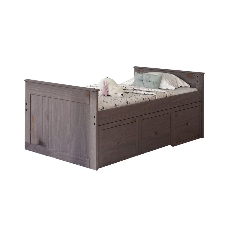 Mari Twin Captain Bed with Drawers, Rustic, Brazilian Pine, Wood, Gray - Benzara
