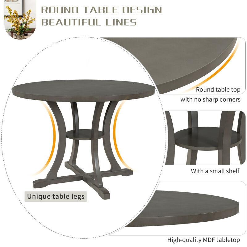 5-Piece Round Dining Table and Chair Set with Special-shaped Legs and an Exquisitely Designed Hollow Chair Back