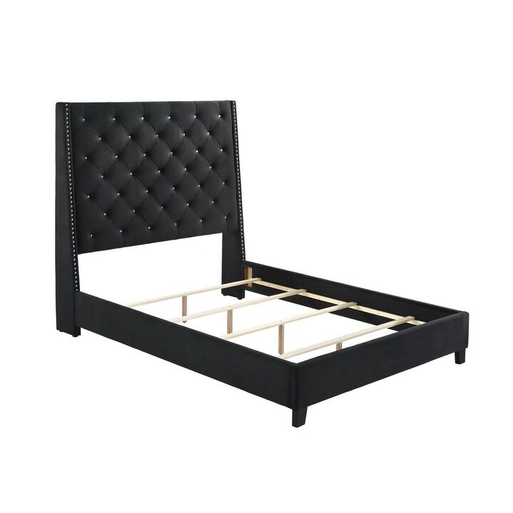Benjara Maze King Size Bed, Button Tufted, Nailhead Trim, Black Fabric Upholstery
