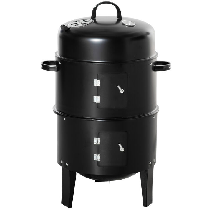 Outsunny Vertical Charcoal BBQ Smoker, 3-in-1 16" Round Charcoal Barbecue Grill with 2 Cooking Area, and Thermometer for Outdoor Camping Picnic Backyard Cooking, Black