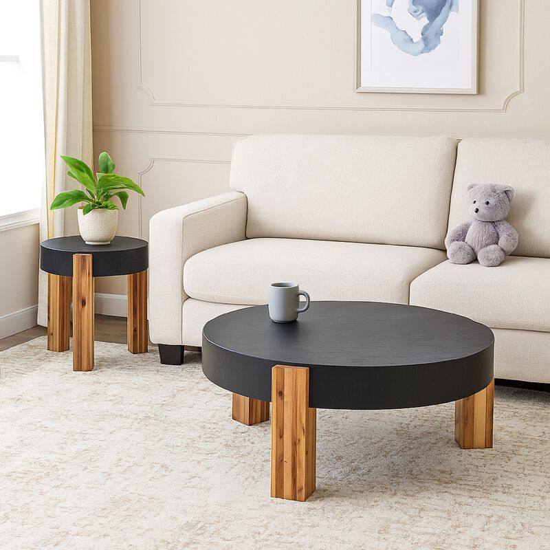 Moy 2pc Coffee and End Table Set, Round Black Textured Top, Solid Wood