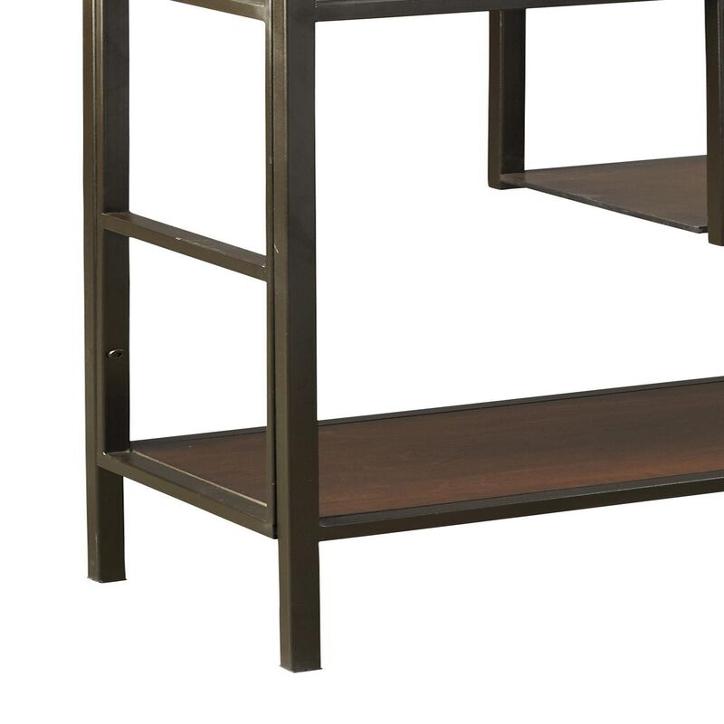 5 Shelves Asymmetric Design Bookcase with Metal Frame, Brown and Black-Benzara