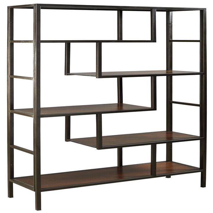5 Shelves Asymmetric Design Bookcase with Metal Frame, Brown and Black-Benzara