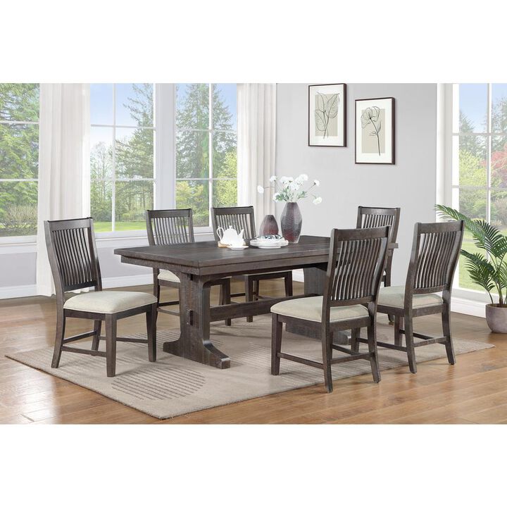 7 piece dining set in rustic brown with 6 beige linen side chairs