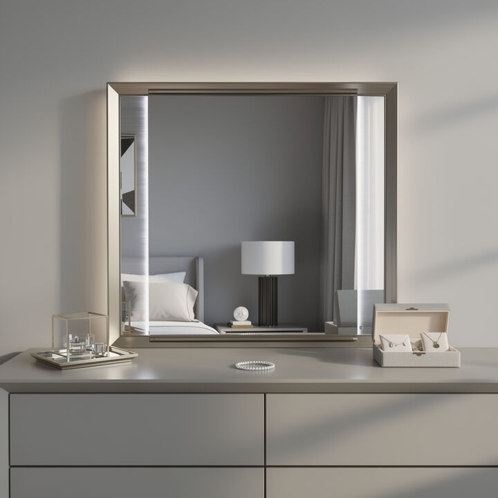 HomeRoots 38" White And Silver Wood Lighted Dresser Mount Framed Mirror