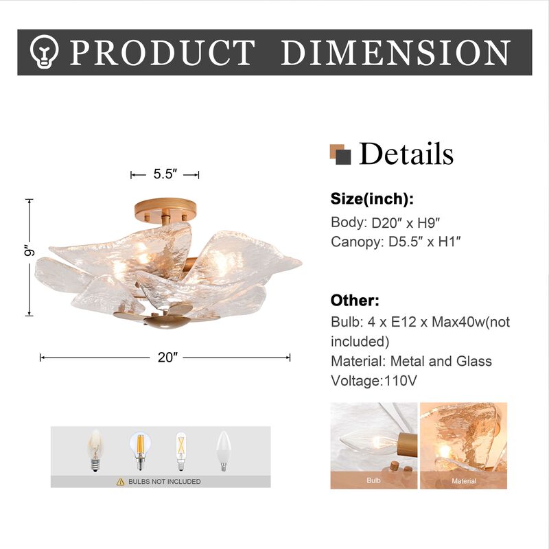 Brisa 4-light Modern Textured Glass Panels Flush Mount - Brushed Brass image number 4