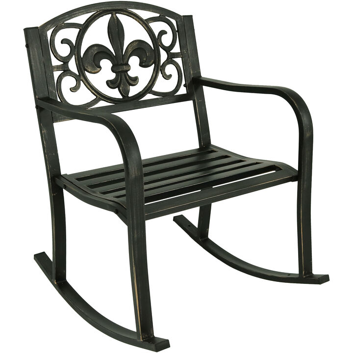 Sunnydaze Fleur-de-Lis Cast Iron and Steel Outdoor Rocking Chair - Black