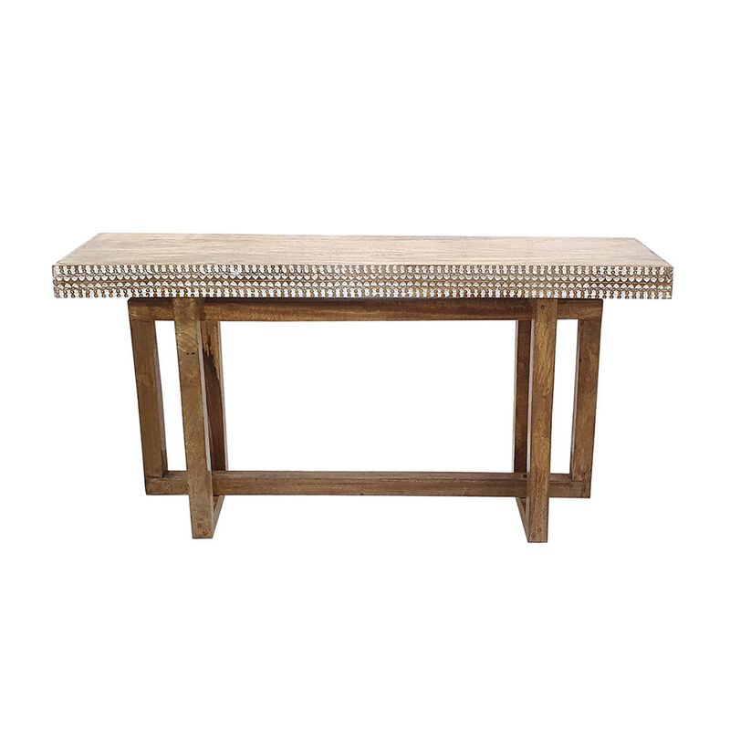 55 Inch Console Sideboard Sofa Table, Hand Carved Wood Apron, Classic Brown image number 3