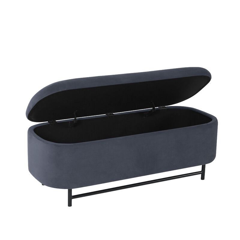 Pat Storage Bench Ottoman, Steel Blue Velvet, Black Metal, 46 Inch image number 2
