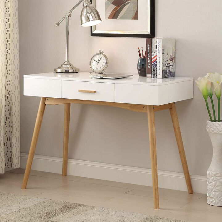 QuikFurn Modern Laptop Writing Desk in White with Natural Mid-Century Style Legs