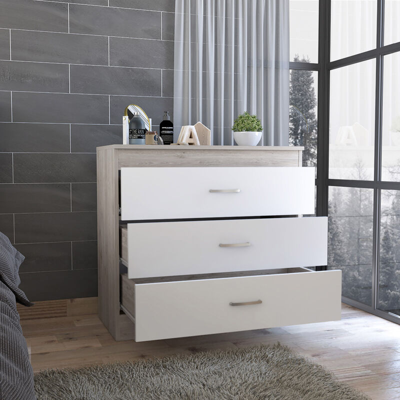 Melia Three Drawer Dresser, Superior Top, Metal Hardware -Light Gray / White