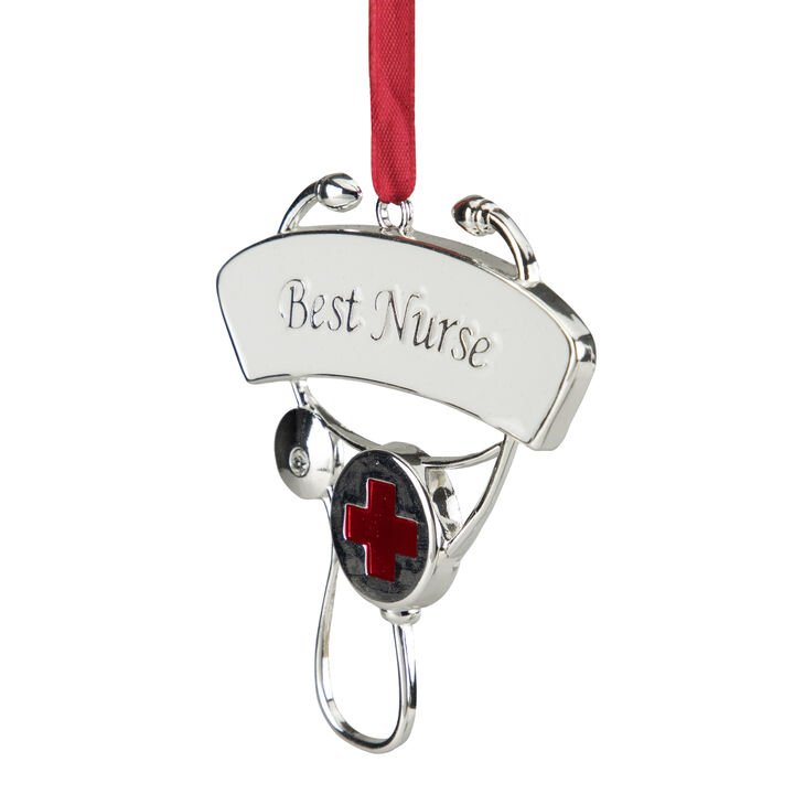 3.25" Silver-Plated Best Nurse Stethoscope Christmas Ornament