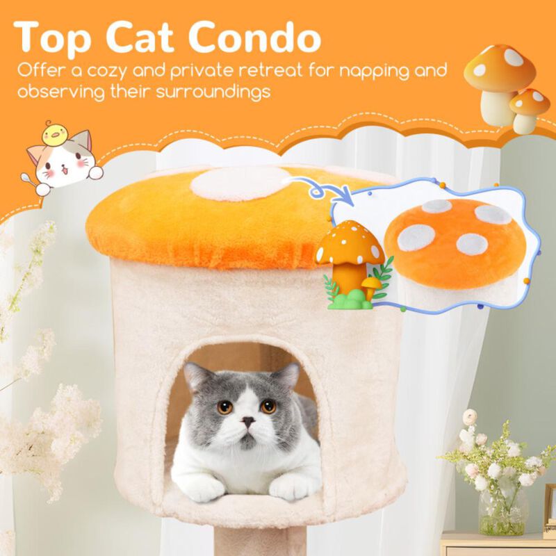 Hivvago Cute Mushroom Cat Tree with Sisal Scratching Posts Top Condo and Padded Platforms