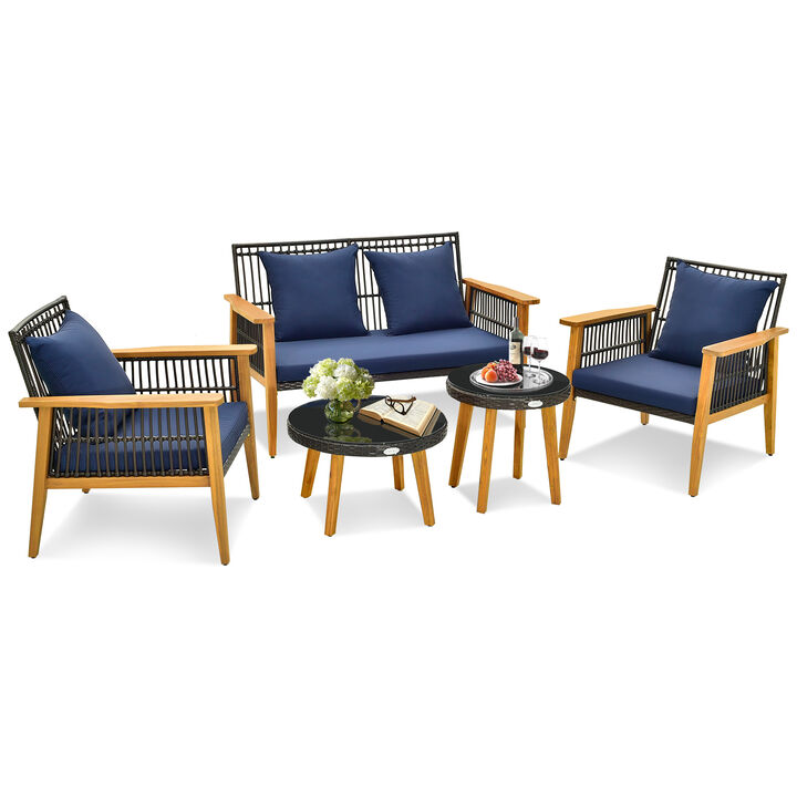 5 Piece Outdoor Conversation Set with 2 Coffee Tables for Backyard Poolside-Navy