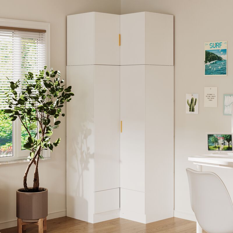 FUFU&GAGA Modern White L-Shaped Wardrobe with Large Storage, Doors & Top Cabinets with Golden Handles, Drawers, PB with Laminate Finish (35.4 in. W x 35.4 in. D x 94.5 in. H)