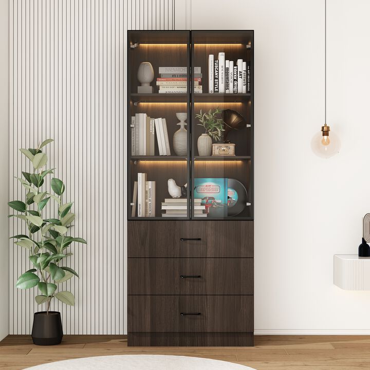 31.5&rdquo;W Display Cabinet Curio Cabinet with Light & Pop-up Glass Doors, Storage Cabinet Bookcase with 5-Tier Shelves & 3 Drawers for Living Room/Home Office, Dark Brown (31.5&rdquo;W x 15.7&rdquo;D x 78.7&rdquo;H)