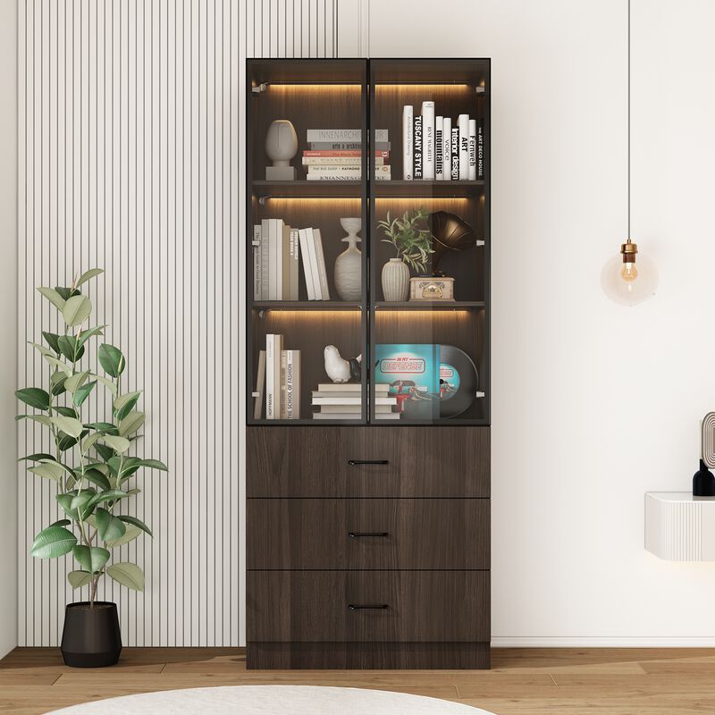 31.5&rdquo;W Display Cabinet Curio Cabinet with Light & Pop-up Glass Doors, Storage Cabinet Bookcase with 5-Tier Shelves & 3 Drawers for Living Room/Home Office, Dark Brown (31.5&rdquo;W x 15.7&rdquo;D x 78.7&rdquo;H)