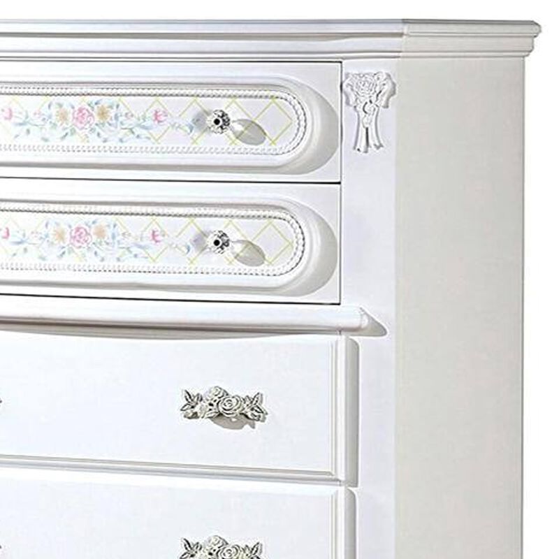 Benjara Auri 52 Inch Tall Dresser Chest, 5 Drawers, Crown Molding, White Wood