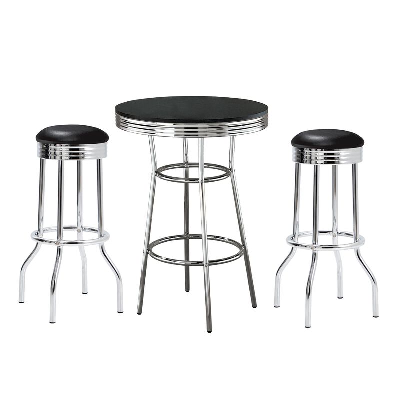 Loy 3 Piece Retro Bar Table Set, Round Black Top, 2 Stools, Chrome
