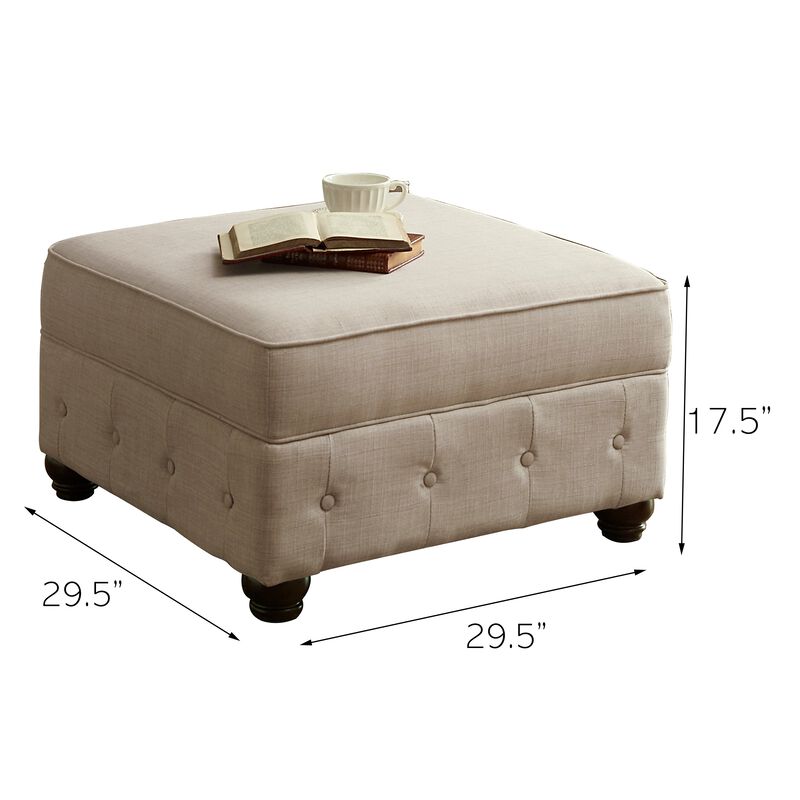 Classic Button-Tufted Linen Ottoman with Vintage Wooden Legs