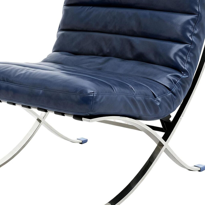 HomeRoots 29" Blue and Silver Tufted Leather and Upholstered Folding Lounge Chair