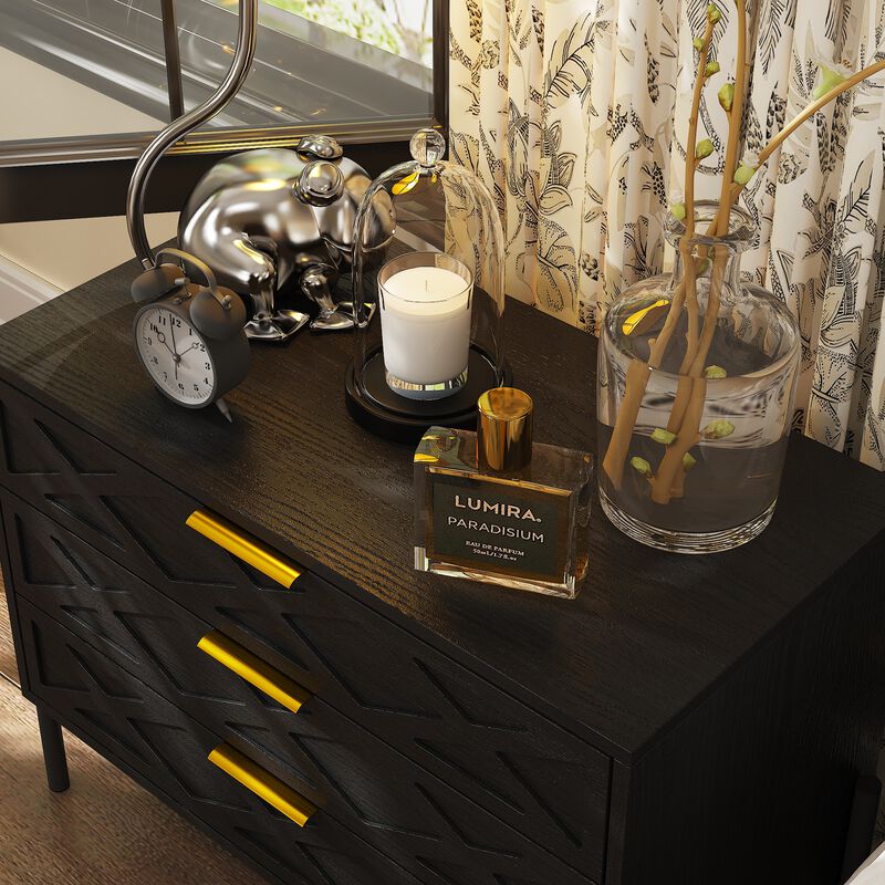 FUFU&GAGA Black 3-Drawer Nightstands with Gold Handles and Metal Legs, P2 Particleboard, (31.5" W x 23.6" H x 15.4" D), Black