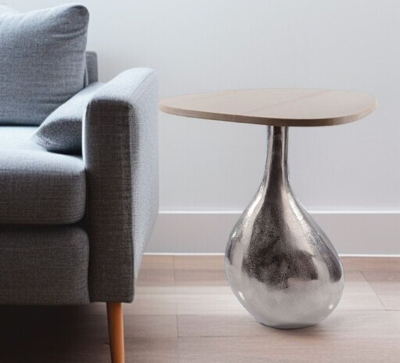 Hivvago 22 Inch Silver And Beige Cast Aluminum And Marble Pedestal End Table