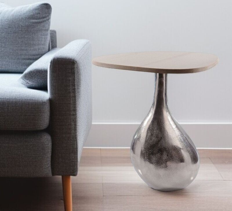 Hivvago 22 Inch Silver And Beige Cast Aluminum And Marble Pedestal End Table