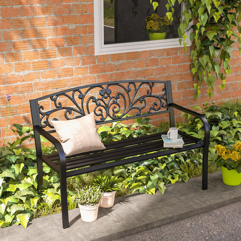 Hivvago 50" Outdoor Bench with Floral Backrest and Slatted Seat image number 1